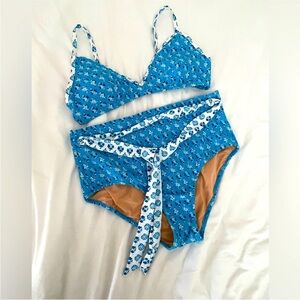 J. Crew blue floral high waisted belted bikini adjustable straps L top XL bottom
